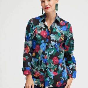 NO IRON - Brightly colored no-iron Chico’s blouse with a black background.